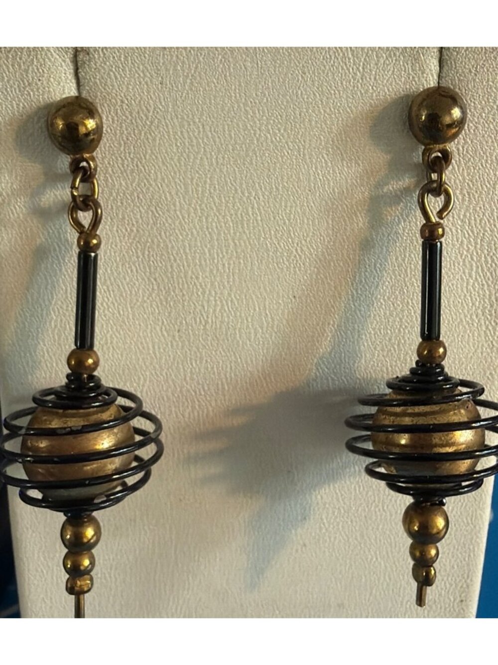 Vintage Gold Black Spiral Drop Earrings Post Back Atomic MCM Orb Estate 2"
